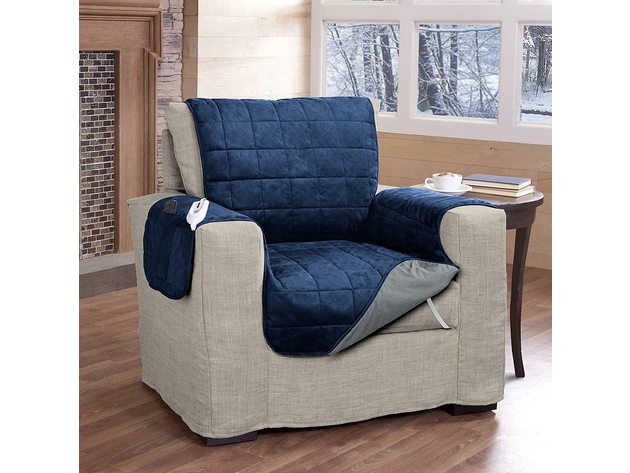 Serta Microsuede Electric Warming Furniture Protector Easy Care Chair Protector Navy Blue - Navy