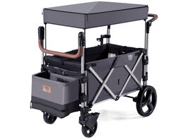 Babyjoy 2 Passenger Push Pull Folding Twin Double Stroller Wagon w/Canopy Drapes - Gray