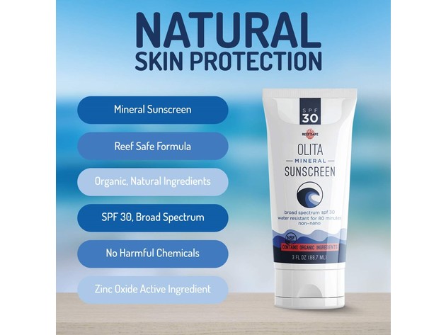 Olita Organic Mineral Sunscreen Lotion with SPF 30 - Broad Spectrum and Water Resistant, All Natural and No Fragrance, 3 FL Oz (89 mL)