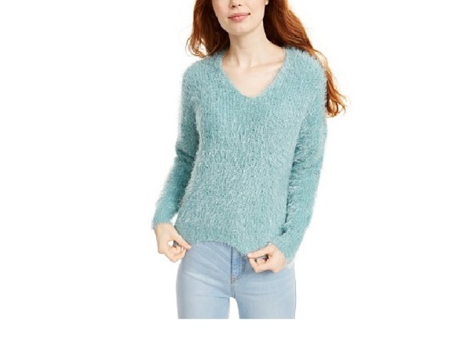 Freshman Juniors' Fuzzy V-Neck Sweater Green Size X-Large