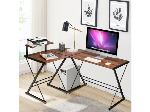 Costway 58'' x 44'' L-Shaped Computer Gaming Desk w/ Monitor Stand & Host Tray Home Office Walnut