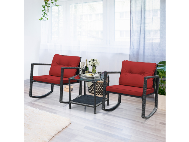 Costway 3 Piece Patio Rattan Furniture Set Rocking Chairs Cushioned Sofa - Burgundy