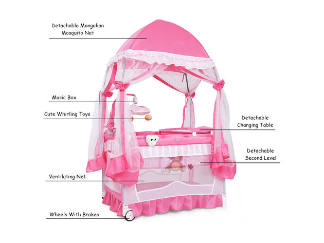 Costway Portable Baby Playpen Crib Cradle Bassinet Changing Pad Mosquito Net Toys w Bag - Pink