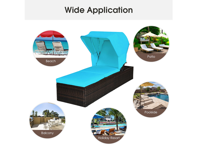 Costway Patio Rattan Lounge Chair Chaise Cushioned Top Canopy Adjustable Turquoise