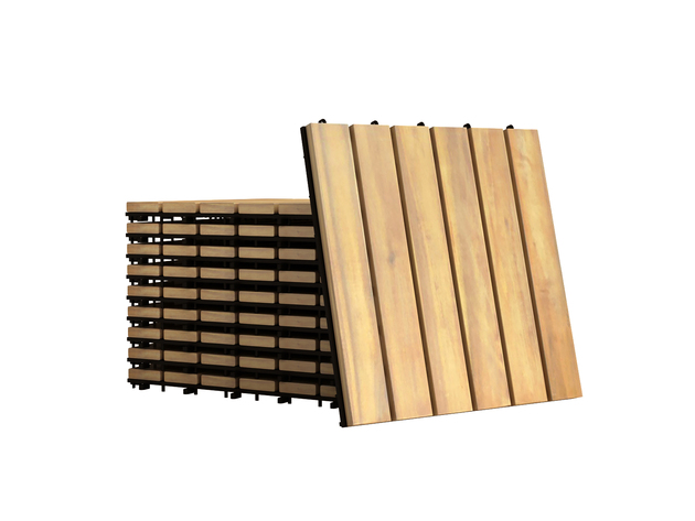 Costway 10 Piece 12'' x 12'' Acacia Wood Deck Tiles Interlocking Patio Pavers Stripe Pattern - Brown