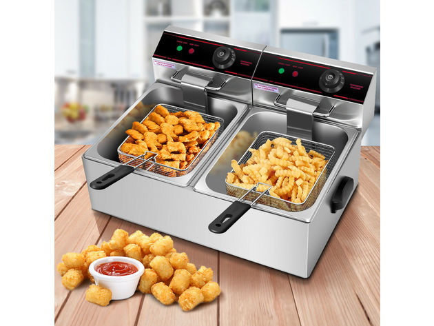 Costway 5000w Electric Countertop Deep Fryer Dual Tank Commercial Restaurant Steel - Silver