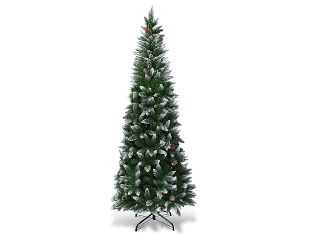 7.5 Foot Snow Flocked Pencil Christmas Tree w/ Pine Cones