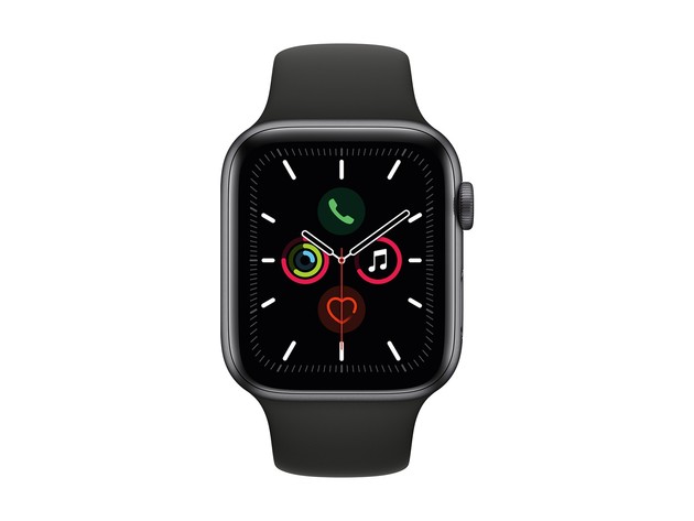 Apple Watch Series Five GPS Plus Cellular, 44mm Space Gray Aluminum Case with Black Sport Band, Black (New Open Box)