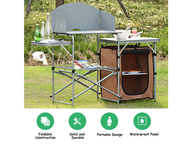 Costway Foldable Camping Table Outdoor BBQ Portable Grilling Stand w/Windscreen Bag 