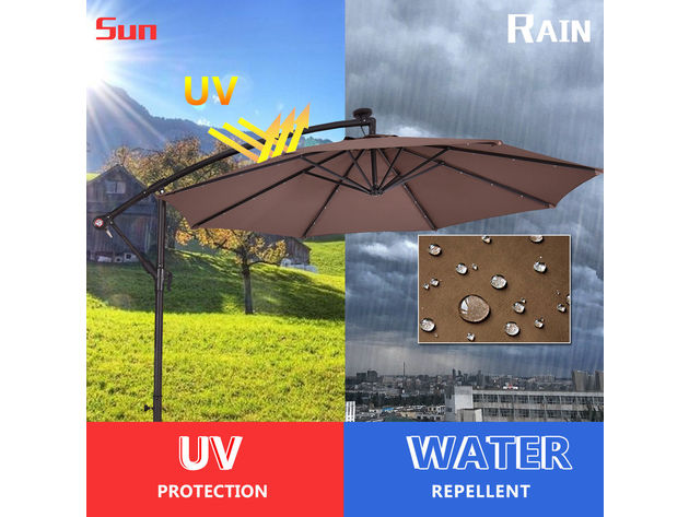 Costway 10' Hanging Solar LED Umbrella Patio Sun Shade Offset Market W/Base Tan
