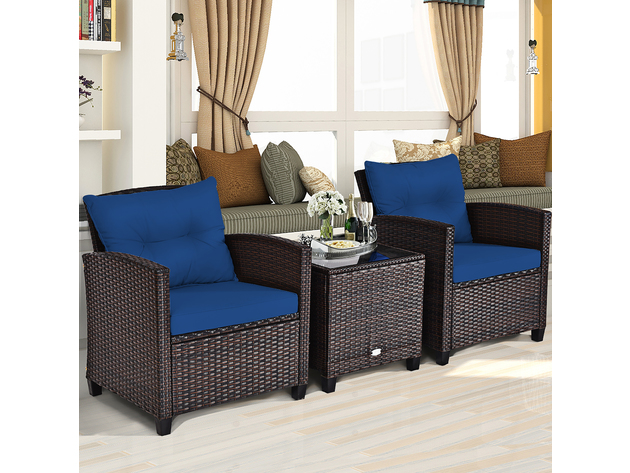 Costway 3PCS Patio Rattan Furniture Set Cushioned Conversation Set Coffee Table Navy - Navy