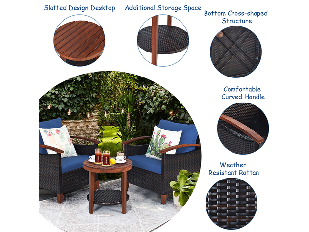 Costway 3 Piece Patio Rattan Furniture Set Solid Wood Frame Cushion Sofa Round Table Shelf