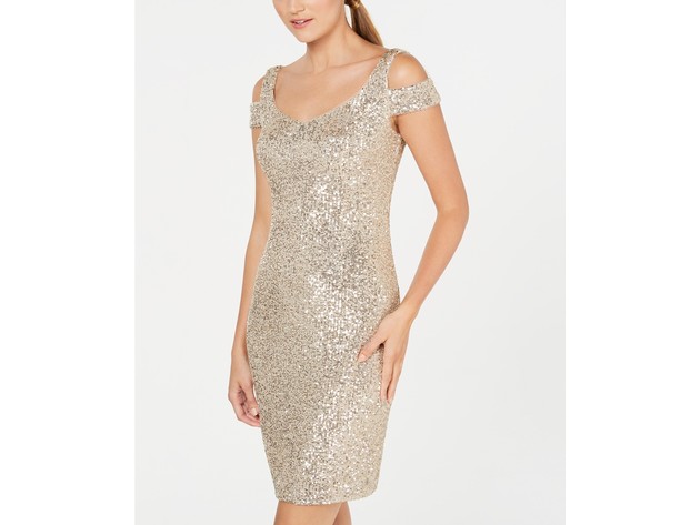 Calvin Klein Women's Sequin Cold-Shoulder Dress Beige Size 10