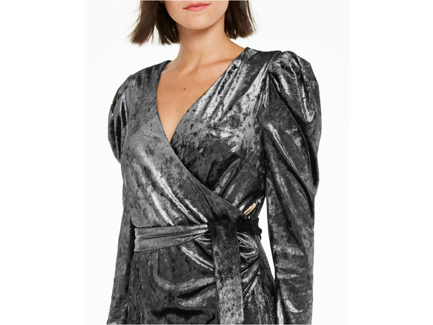 INC International Concepts Women's Puff-Sleeve Velvet Wrap Dress Silver Size M