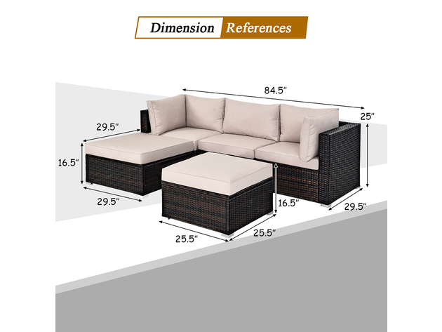 Costway 5 Piece Patio Rattan Furniture Set Ottoman Table Beige