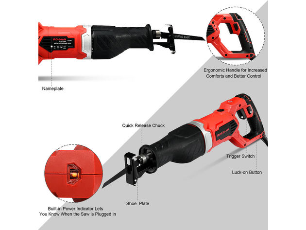 Costway Electric Reciprocating Saw Handheld Wood & Metal Cutting Tool Kit w/ 3 Blades 