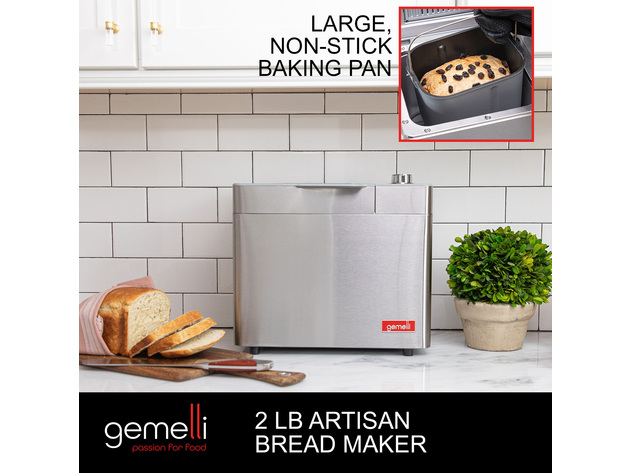 Gemelli 2LB Artisan Bread Maker, Stainless Steel w/ Digital Display and 21 Functions, Fruit/Nut Dispenser, 3 Loaf Sizes, 3 Crust Shades, Gluten-Free and Vegan Settings, Non-stick, Includes 22 Recipes