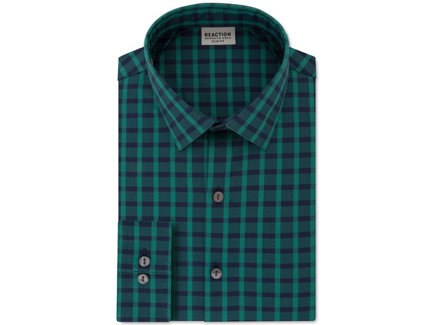Kenneth Cole Reaction Men's All Day Flex Slim-Fit Performance Stretch Check Dress Shirt Greeen Size 14-32-33