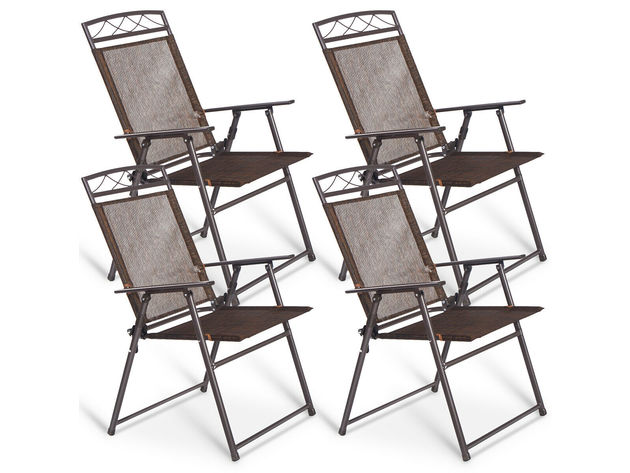 Costway Set of 4 Patio Folding Sling Chairs Steel Textilene Camping Deck Garden Pool - Coffee