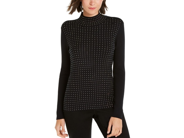 INC International Concepts Women's Iridescent-Studded Mock-Neck Sweater Black Size Medium