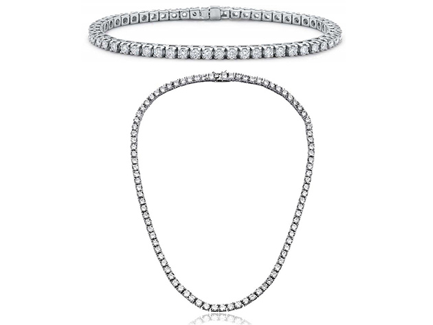 Multi-Stone Tennis Necklace & Bracelet with White Swarovski Crystals (White Gold)