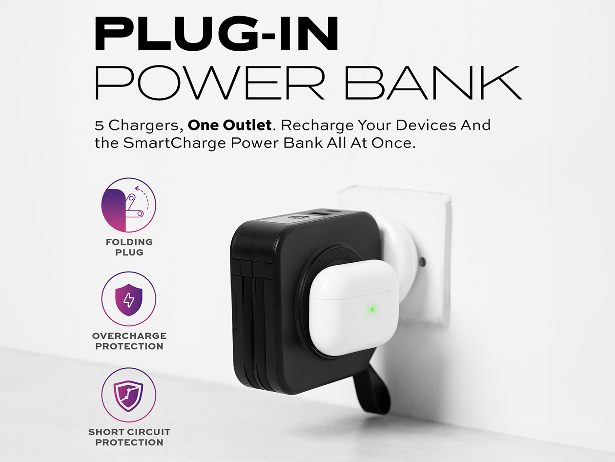 Statik® SmartCharge 5-in-1 10,000mAh Power Bank with Wall Plug & Built in USB-C/Lightning Cables
