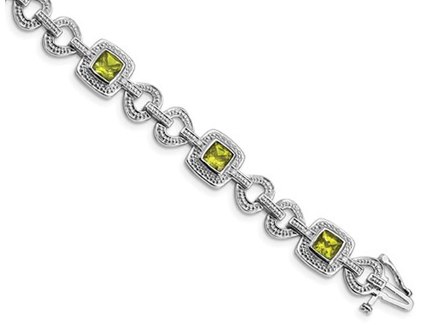 3.95 Carat (ctw) Natural Peridot Bracelet in Sterling Silver with Diamonds