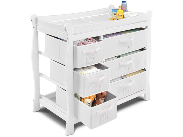 Costway White Sleigh Style Baby Changing Table Diaper 6 Basket Drawer Storage Nursery - White