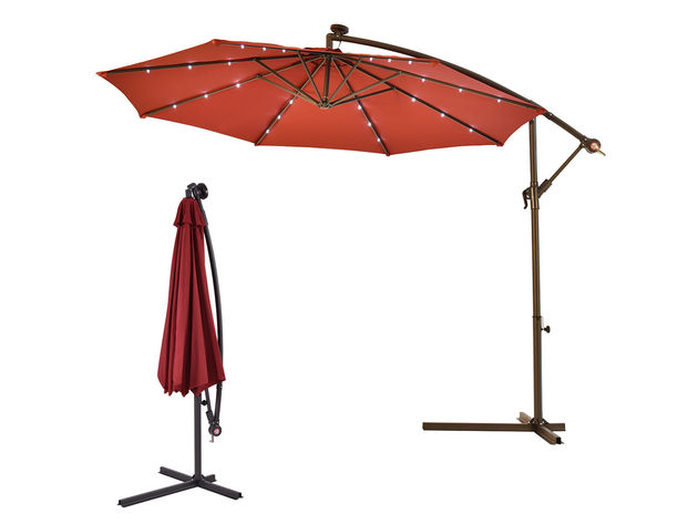Costway 10' Hanging Solar LED Umbrella Patio Sun Shade Offset Market W/Base Burgundy